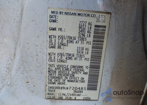 2020 Nissan Frontier Sv 4X4 from USA, damaged, VIN 1N6ED0EB9LN720485